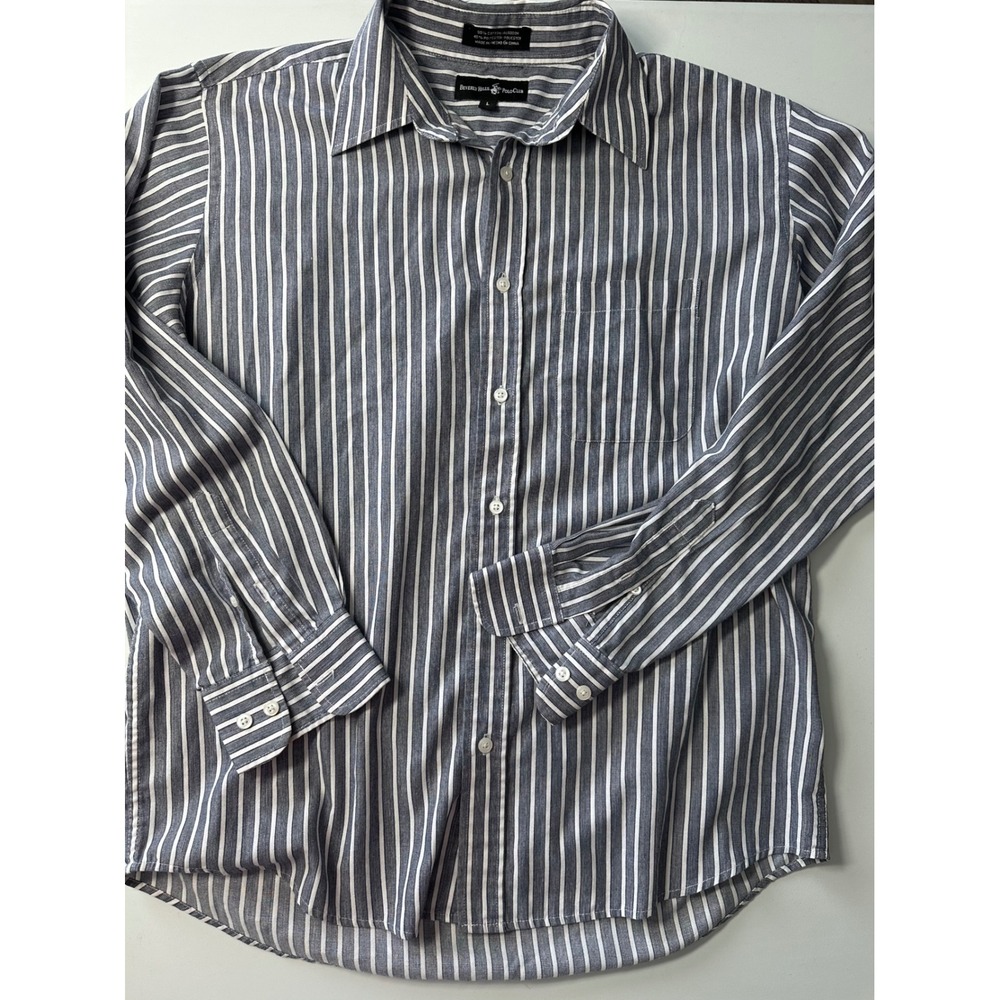 Beverly Hills Polo Club Mens Large Navy Blue White Striped Button Down Shirt L